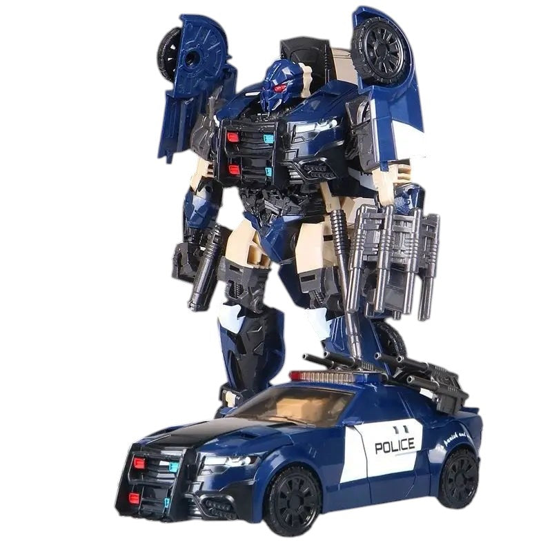 COMFORTH Transforming robot action figure, a police car that converts into a blue and black robot with red and blue lights.