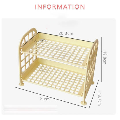COMFORTH Two Tier Desk Organizer Shelf in cream plastic with open grid shelves and arched sides. Perfect for stationery or cosmetics.