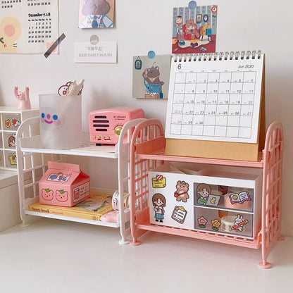 COMFORTH two-tier pink plastic desk organizer shelf with drawers and cute bear stickers, bed frame design