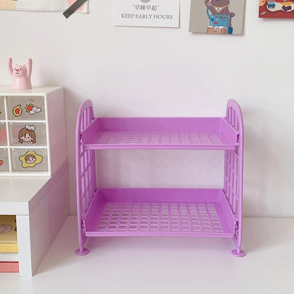 COMFORTH Two Tier Desk Organizer Shelf in light purple plastic with a bed-frame inspired design.