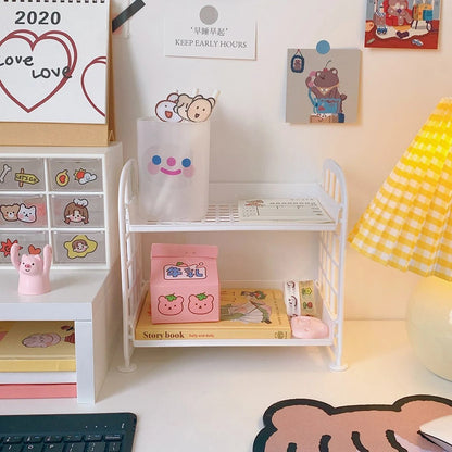 COMFORTH Two Tier Desk Organizer Shelf in white plastic, featuring a bed-frame design for cute storage.
