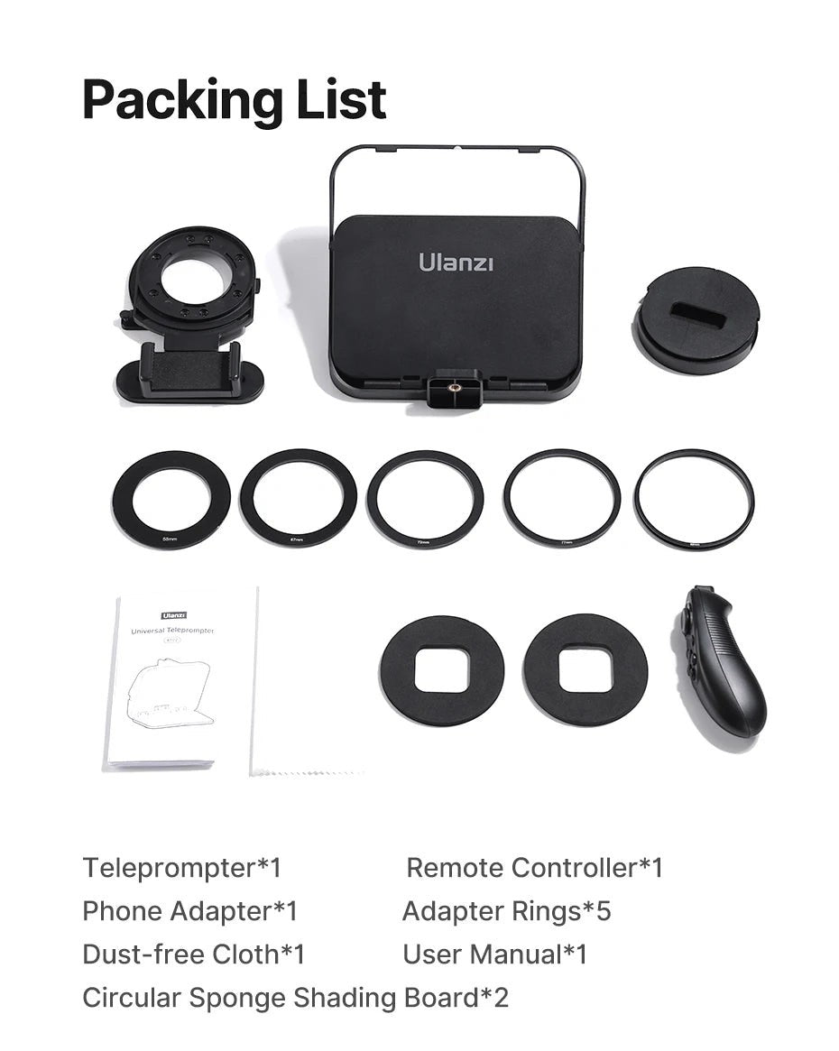 COMFORTH Ulanzi teleprompter kit with Bluetooth remote, phone adapter, 5 lens adapter rings, and user manual.