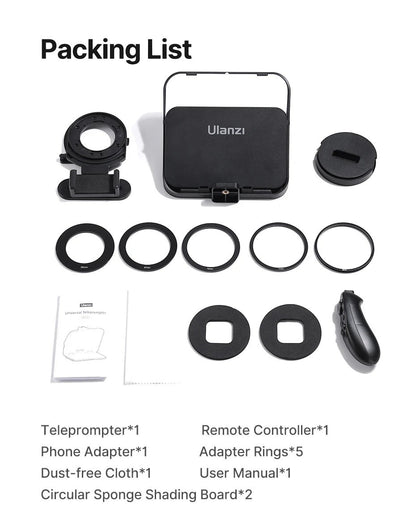 COMFORTH Ulanzi teleprompter kit with Bluetooth remote, phone adapter, 5 lens adapter rings, and user manual.