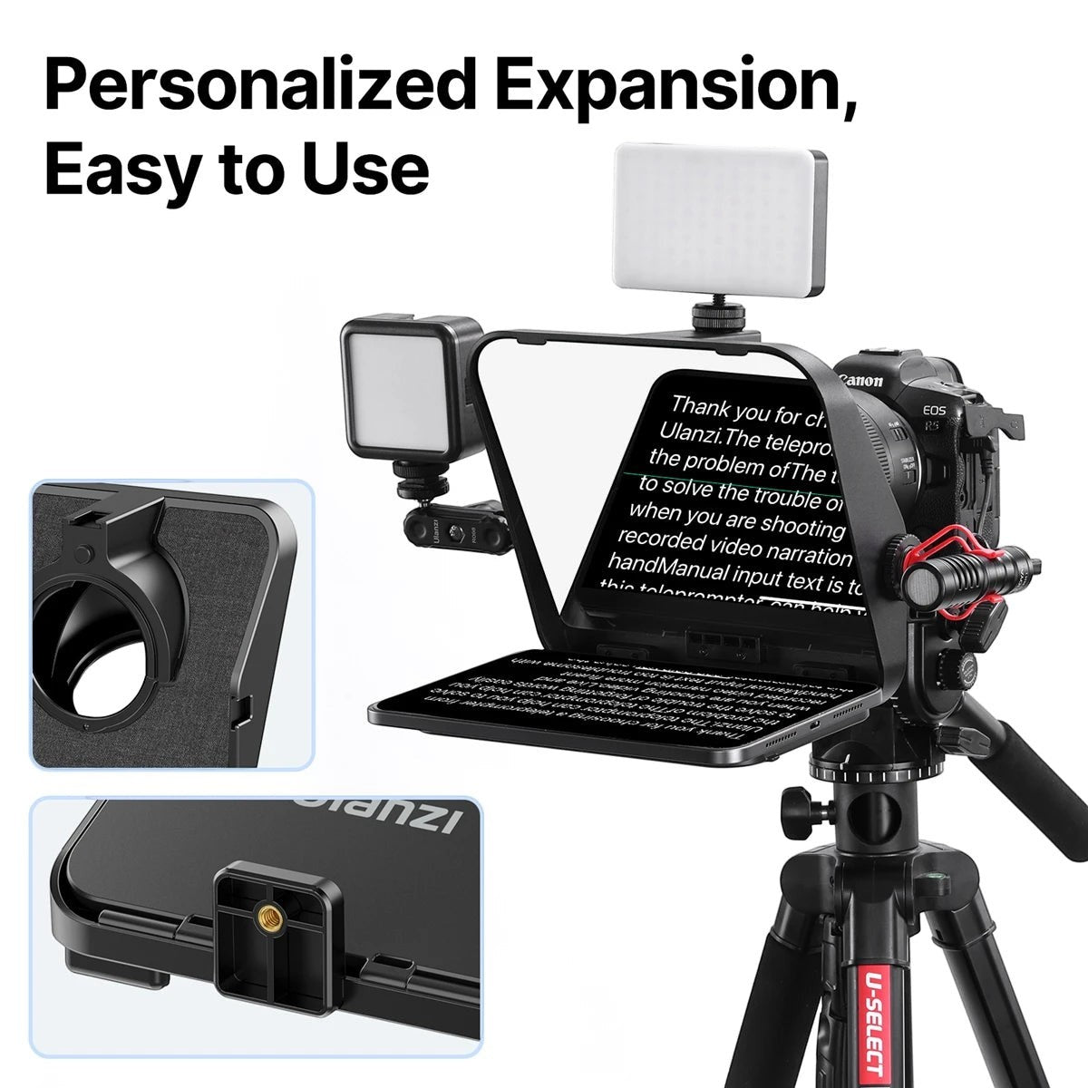 COMFORTH Ulanzi teleprompter with phone/tablet mount, Bluetooth remote, and LED lights, attached to a Canon camera on a tripod.