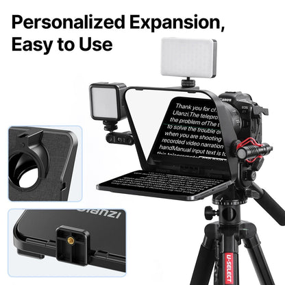 COMFORTH Ulanzi teleprompter with phone/tablet mount, Bluetooth remote, and LED lights, attached to a Canon camera on a tripod.