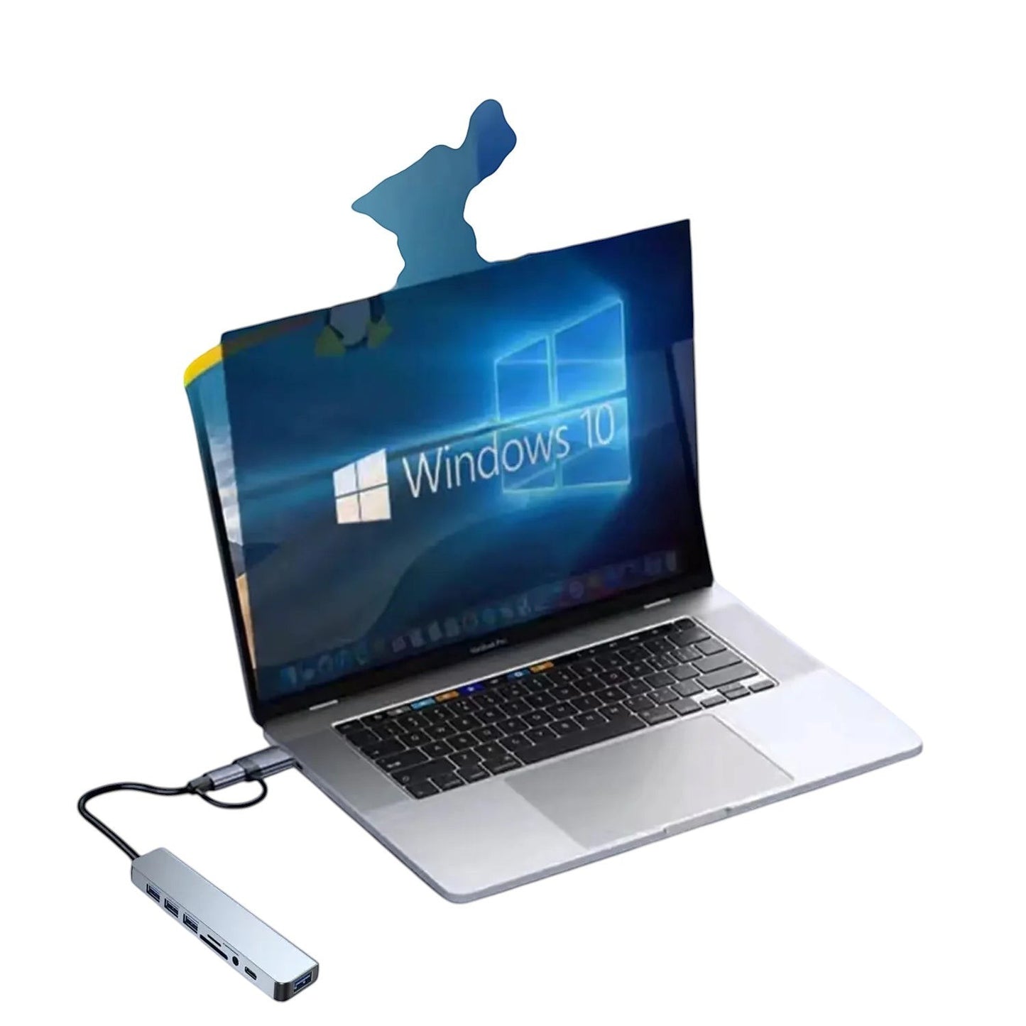 COMFORTH Multiport USB C Hub Adapter in silver aluminum alloy with 3 USB 3.0 ports, SD/MicroSD card readers, audio jack, and USB-C PD.