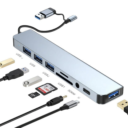 COMFORTH silver aluminum alloy USB C hub adapter with 3 USB 3.0 ports, SD/MicroSD card readers, audio jack, and PD port.