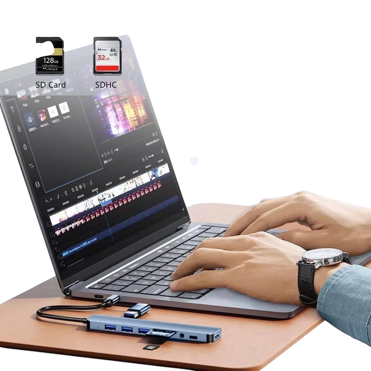 COMFORTH multiport USB C hub adapter in silver aluminum alloy with 3 USB 3.0 ports, SD/MicroSD card readers, audio jack, and PD charging.