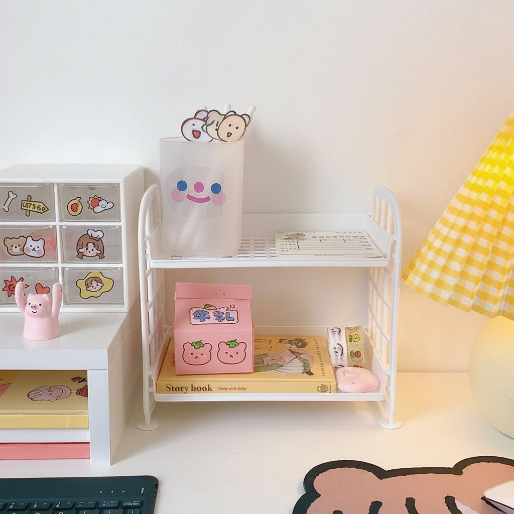 COMFORTH white plastic two-tier desk organizer shelf with cute bear stickers and pink milk carton.