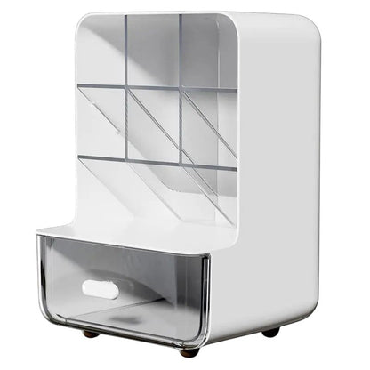 COMFORTH white desk organizer with multiple compartments and a clear drawer for stationery and office supplies.