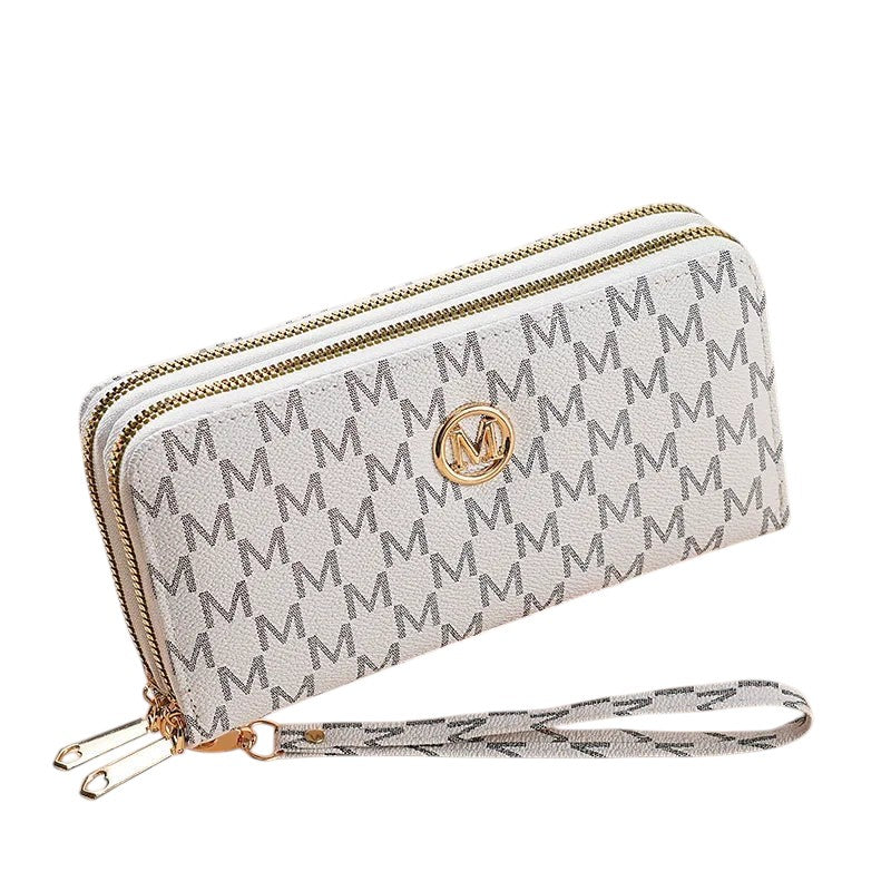 COMFORTH white faux leather wristlet wallet with all-over monogram pattern and gold emblem. Features dual zip compartments and card slots.