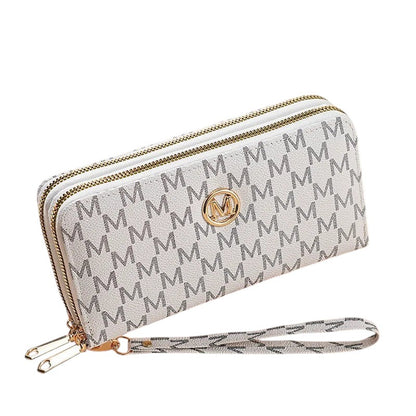COMFORTH white faux leather wristlet wallet with all-over monogram pattern and gold emblem. Features dual zip compartments and card slots.