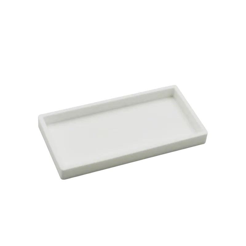 COMFORTH white resin rectangular decorative tray with a marble-like finish, perfect for countertop organization.