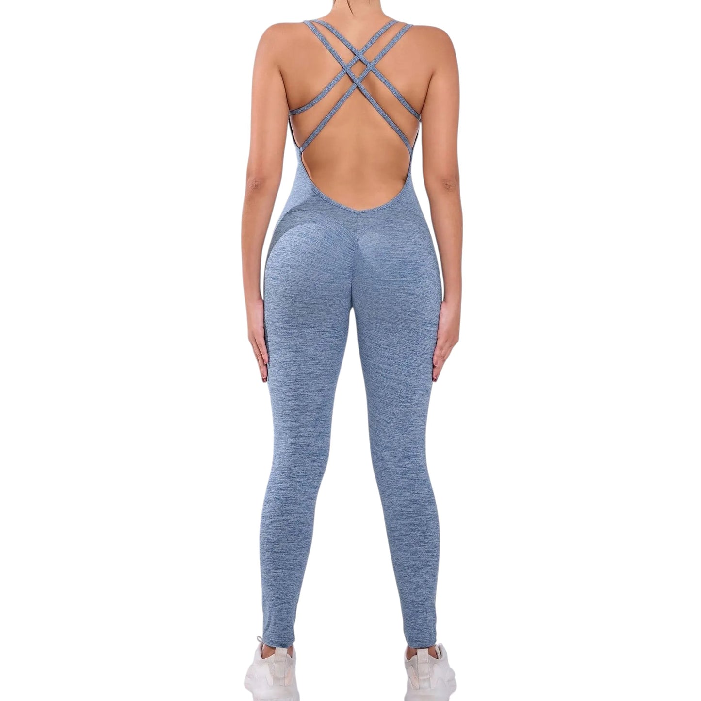 COMFORTH women's light blue athletic bodysuit with open back and crisscross straps, made of breathable fabric.