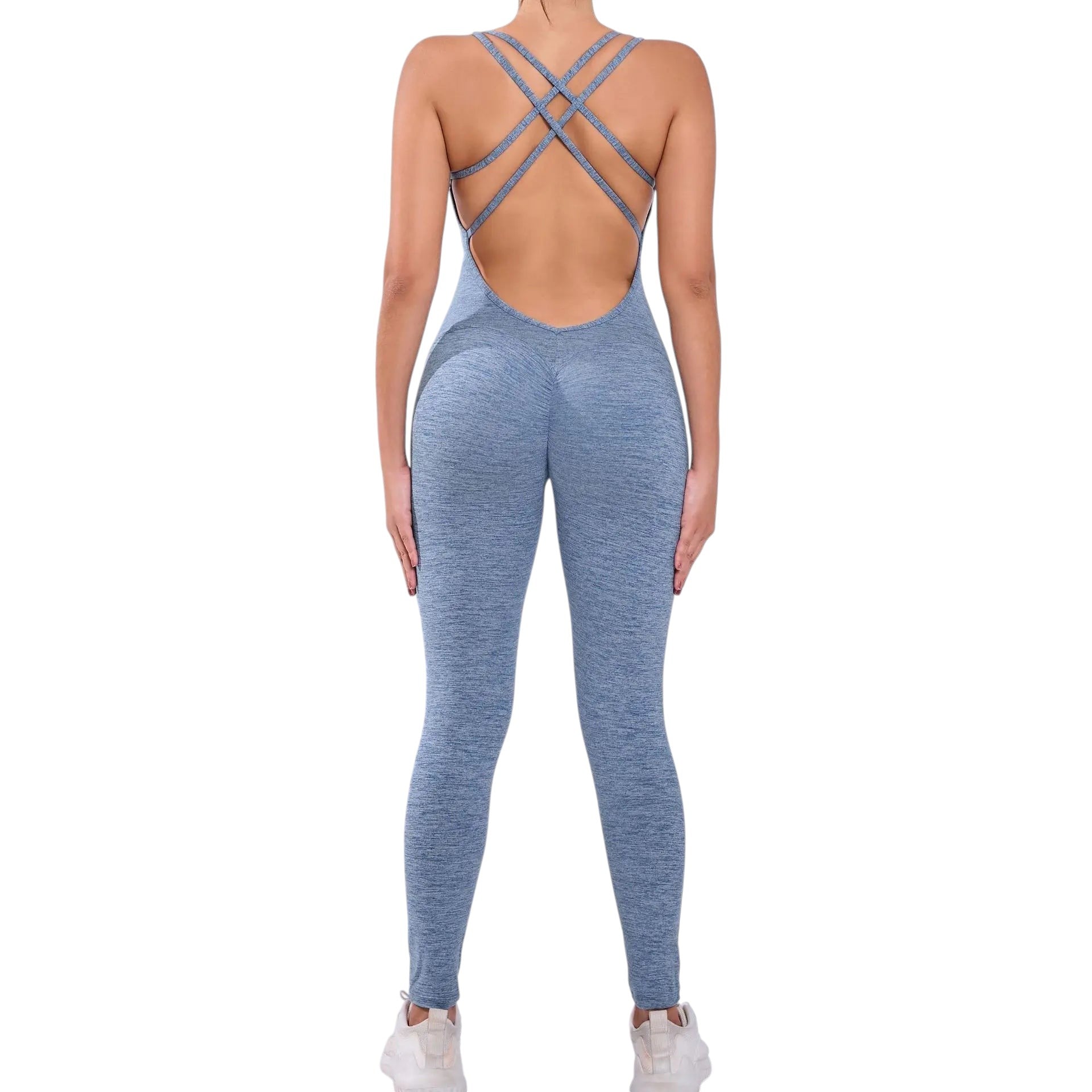 COMFORTH women's light blue athletic bodysuit with open back and crisscross straps, made of breathable fabric.