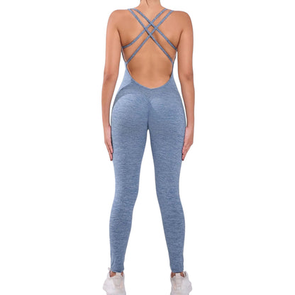 COMFORTH women's light blue athletic bodysuit with open back and crisscross straps, made of breathable fabric.
