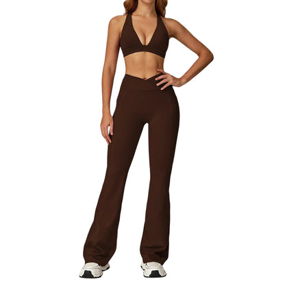 COMFORTH women's brown athletic two-piece set with halter neck sports bra and V-waist flare leggings.