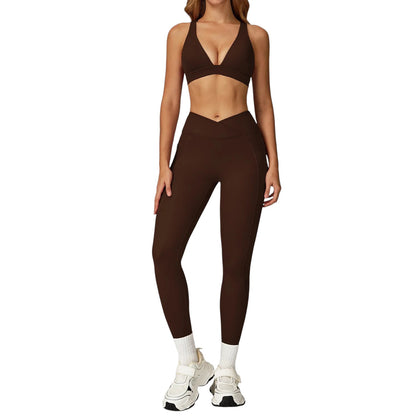 COMFORTH women's brown athletic two-piece set with V-neck sports bra and V-waist flare leggings.