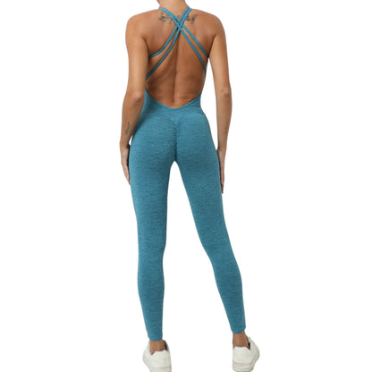 COMFORTH women's blue athletic bodysuit with crisscross open back and ruched bum. Stretchy, breathable fabric.