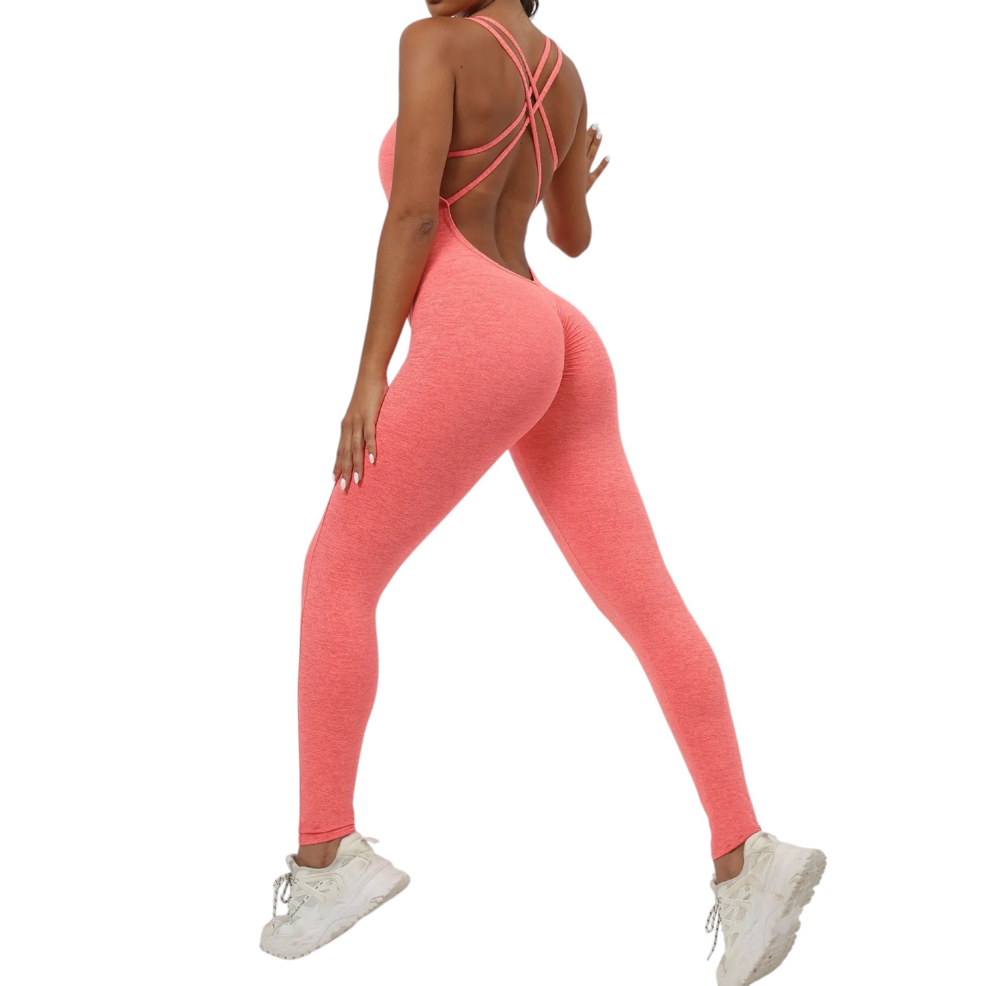 COMFORTH women's coral athletic bodysuit with open back and crisscross straps, squat-proof fabric.