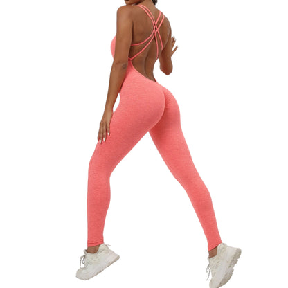 COMFORTH women's coral athletic bodysuit with open back and crisscross straps, squat-proof fabric.