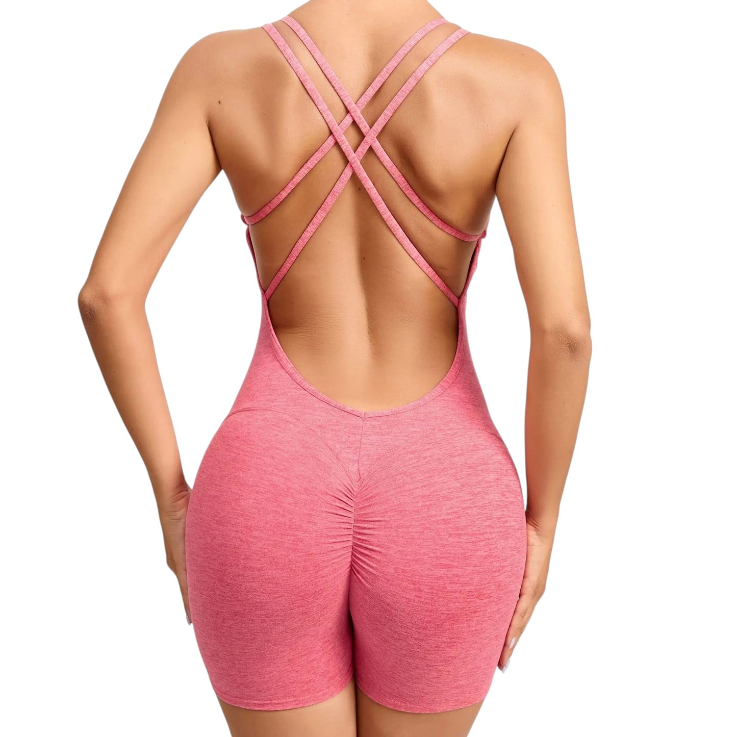 COMFORTH women's pink athletic bodysuit with open back and crisscross straps, ruched shorts