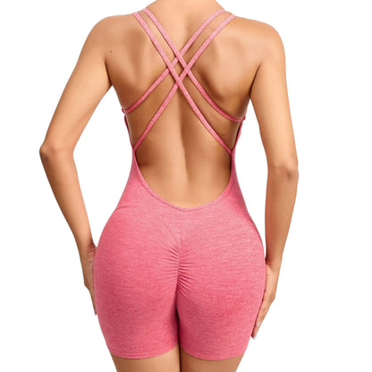 COMFORTH women's pink athletic bodysuit with open back and crisscross straps, ruched shorts