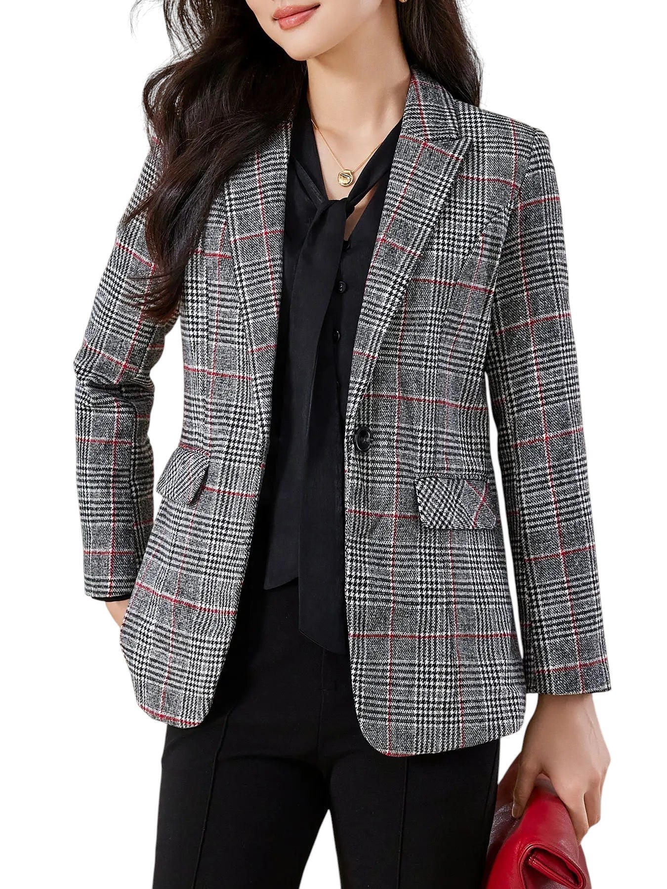 Women's Plaid Patterned Blazer Jacket GRAY
