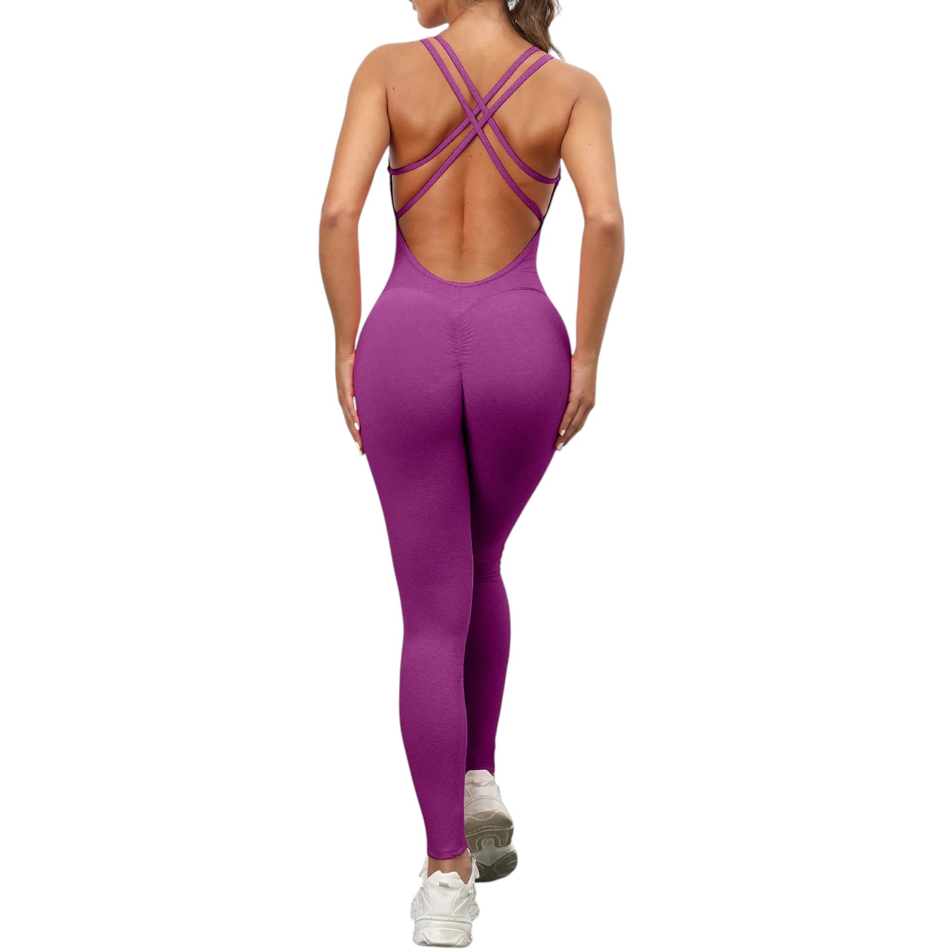 COMFORTH
Women's purple athletic bodysuit with open back and crisscross straps, full length.