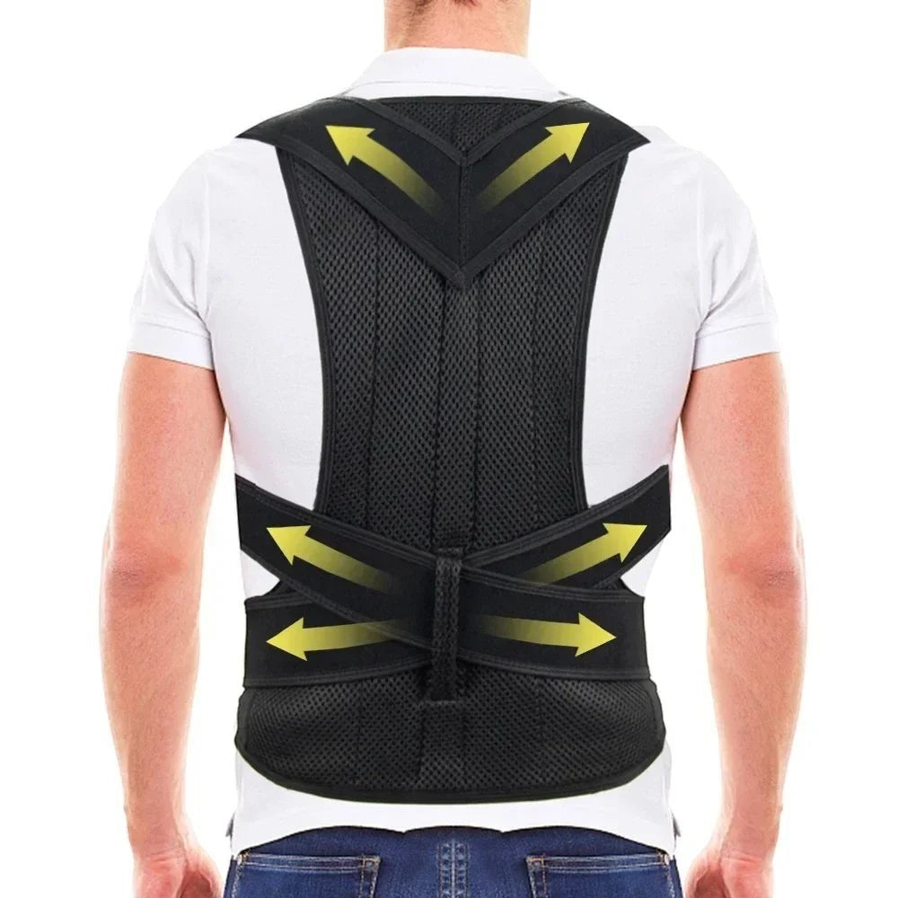 COMFORTHere black adjustable posture corrector back brace support with yellow arrows indicating support zones. Made of breathable mesh.
