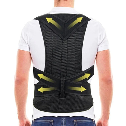 COMFORTHere black adjustable posture corrector back brace support with yellow arrows indicating support zones. Made of breathable mesh.