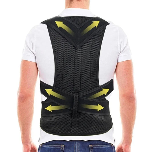 COMFORTHere black adjustable posture corrector back brace support with yellow arrows indicating support zones. Made of breathable mesh.