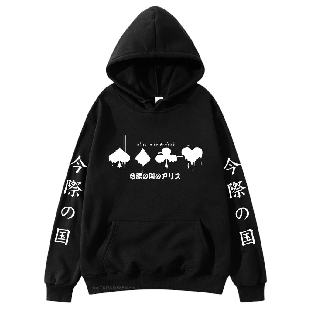 COMFORTHere Alice In Borderland graphic hoodie in black with card suit symbols and Japanese text. Features drawstring hood and front pocket.