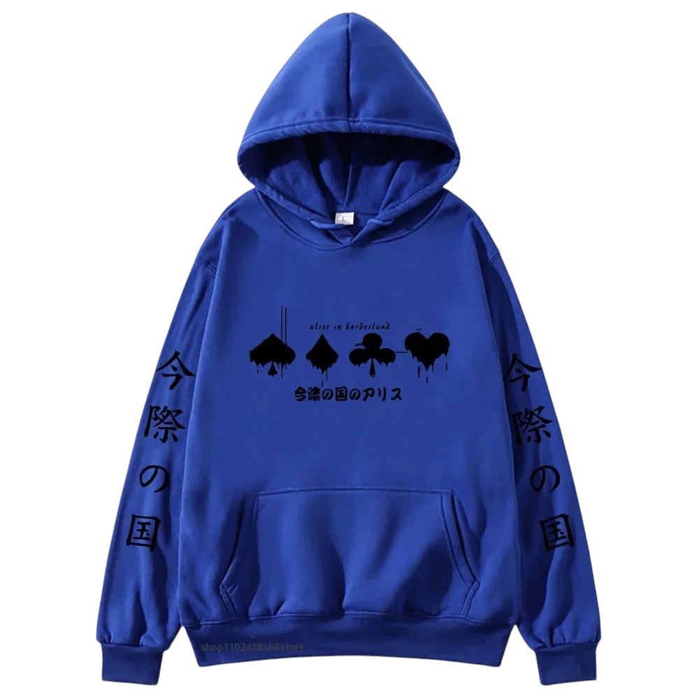 COMFORTHere Alice In Borderland graphic hoodie in royal blue with card suit symbols and Japanese text.