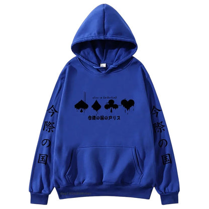 COMFORTHere Alice In Borderland graphic hoodie in royal blue with card suit symbols and Japanese text.