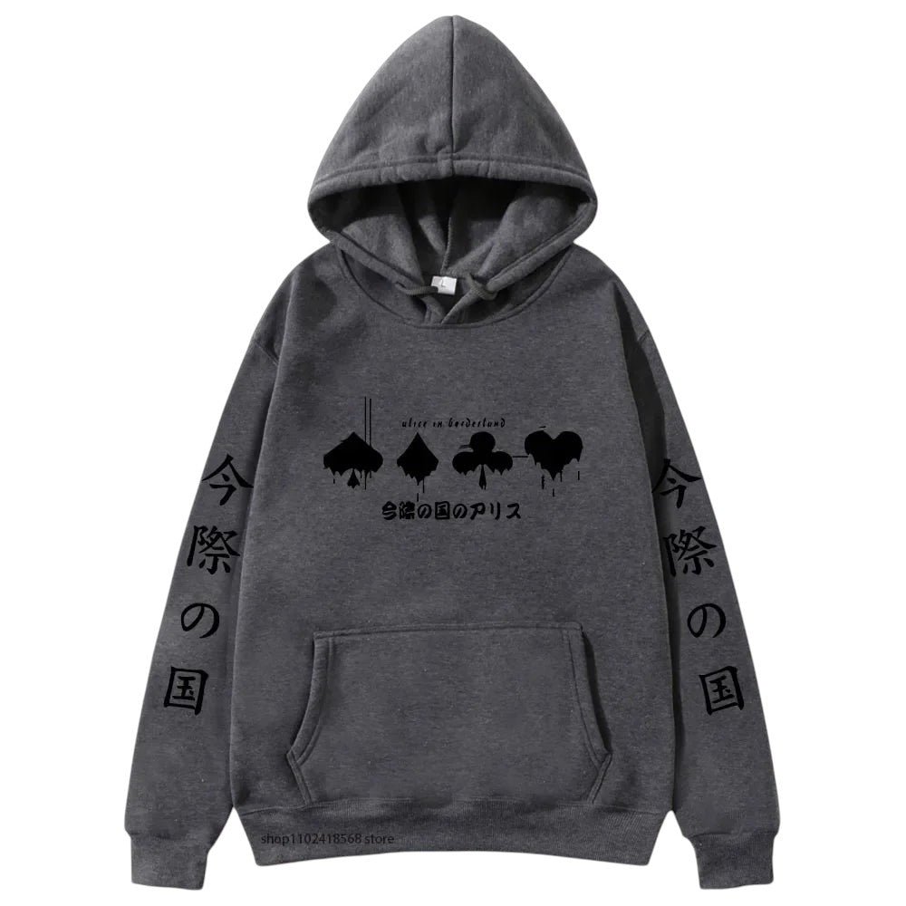 COMFORTHere Alice in Borderland graphic hoodie in dark grey with card suit symbols and Japanese text. Features a drawstring hood and front pocket.