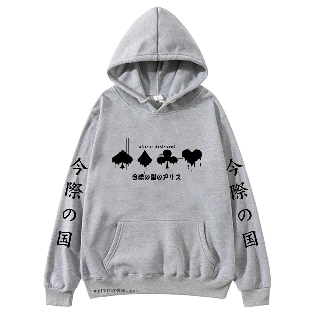 COMFORTHere Alice In Borderland graphic hoodie with card suit symbols and Japanese text. Grey cotton blend.