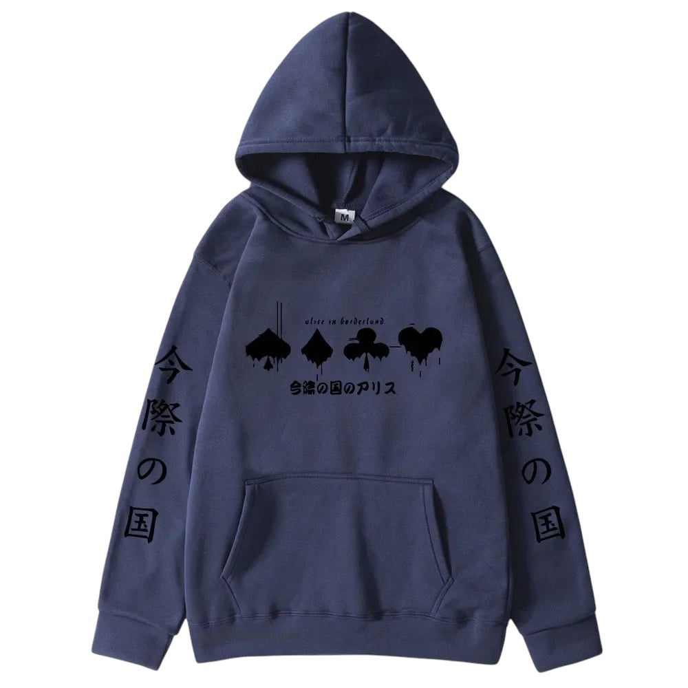 COMFORTHere navy blue "Alice in Borderland" graphic hoodie with card suit symbols and Japanese text. Features drawstring hood and front pocket.