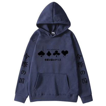 COMFORTHere navy blue "Alice in Borderland" graphic hoodie with card suit symbols and Japanese text. Features drawstring hood and front pocket.