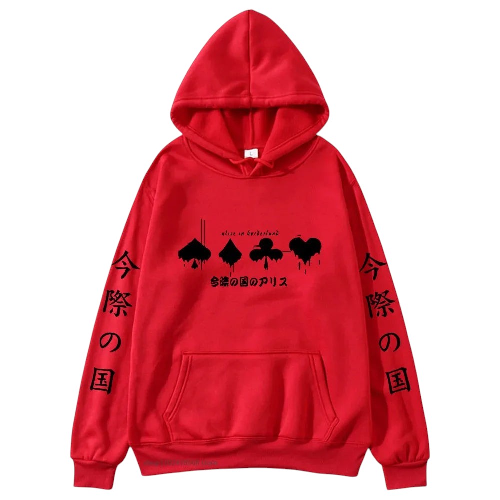 COMFORTHere red graphic hoodie with "Alice in Borderland" card suit symbols and Japanese text. Relaxed fit, drawstring hood, front pocket.