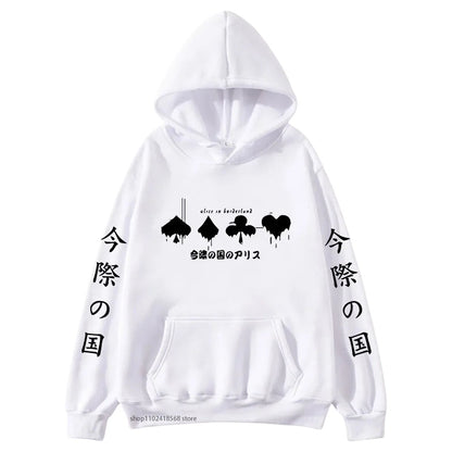COMFORTHere Alice In Borderland graphic hoodie with card suit symbols and Japanese text. White cotton blend.
