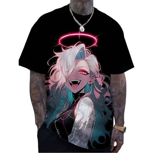 COMFORTHere black t-shirt with anime graphic print of a character with white and blue hair, fangs, and a pink halo.