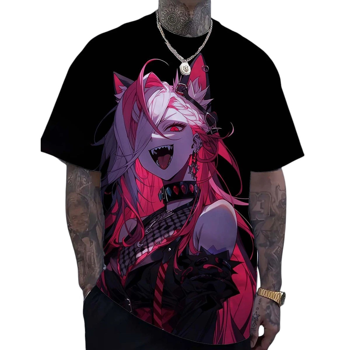 COMFORTHere black anime graphic t-shirt with a pink-haired character print. Features a choker and earrings.