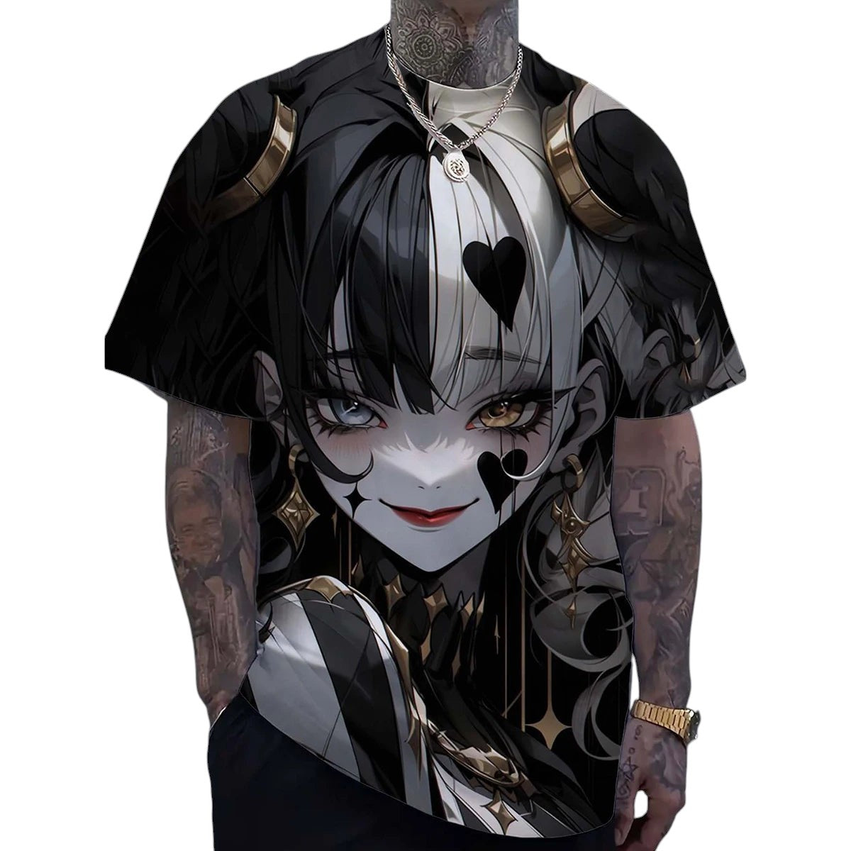 COMFORTHere anime character graphic print t-shirt in black and white with gold accents. Features a striking anime girl with heterochromia eyes and heart details.
