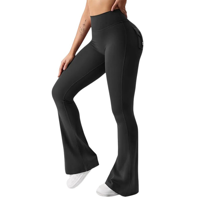 COMFORTHere black high-waisted flare yoga pants with ruched back pockets and four-way stretch fabric.