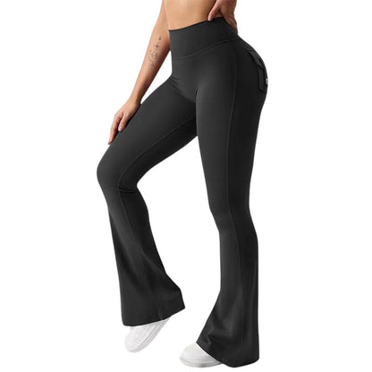 COMFORTHere black high-waisted flare yoga pants with ruched back pockets and four-way stretch fabric.