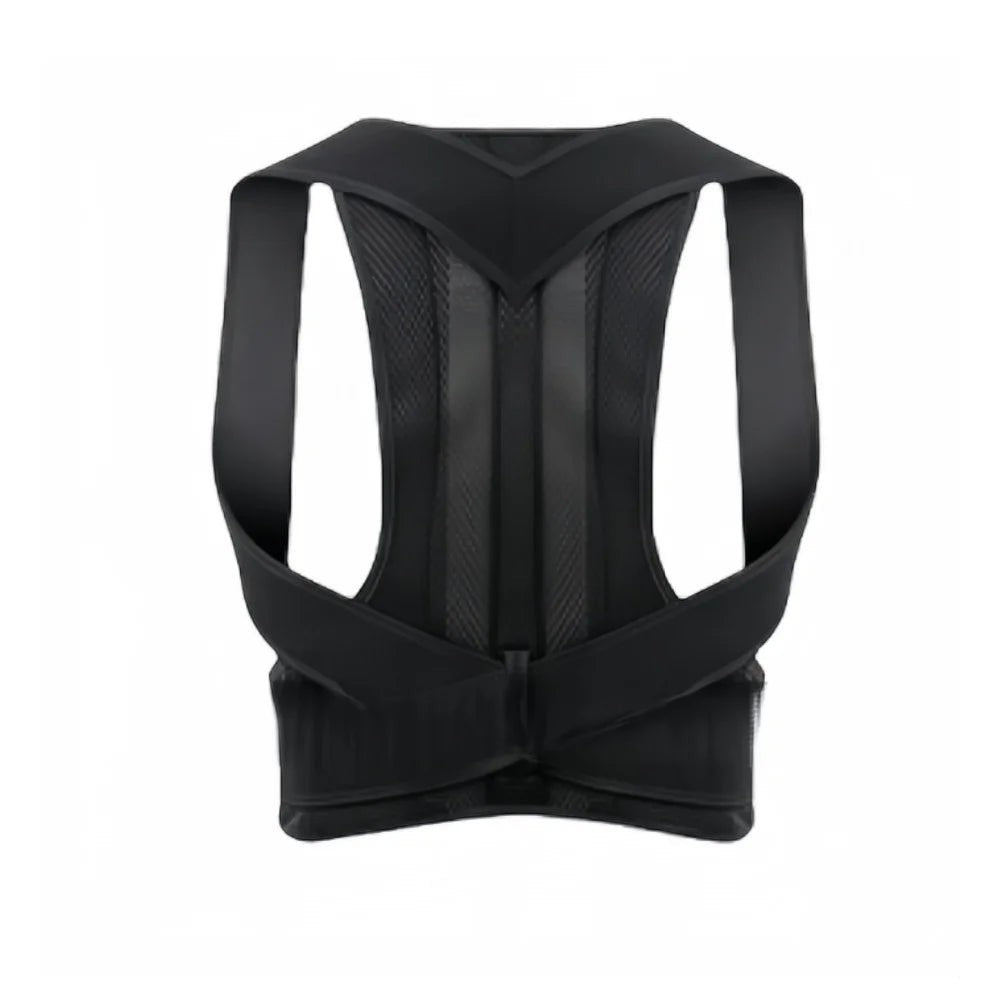 COMFORTHere black adjustable posture corrector back brace with X-strap support and breathable mesh