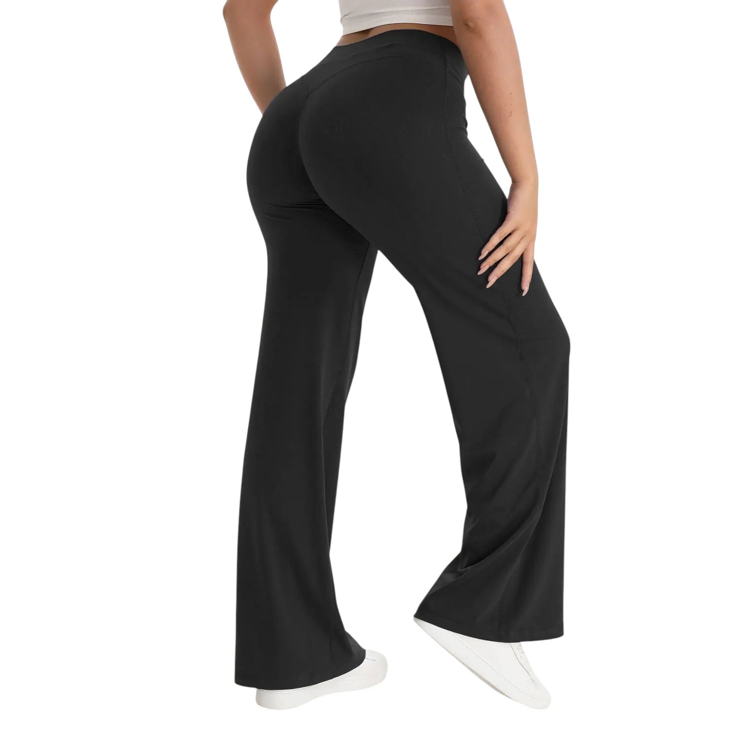 COMFORTHere black straight leg yoga pants with a mid-waist elastic band and naked-feel nylon fabric.