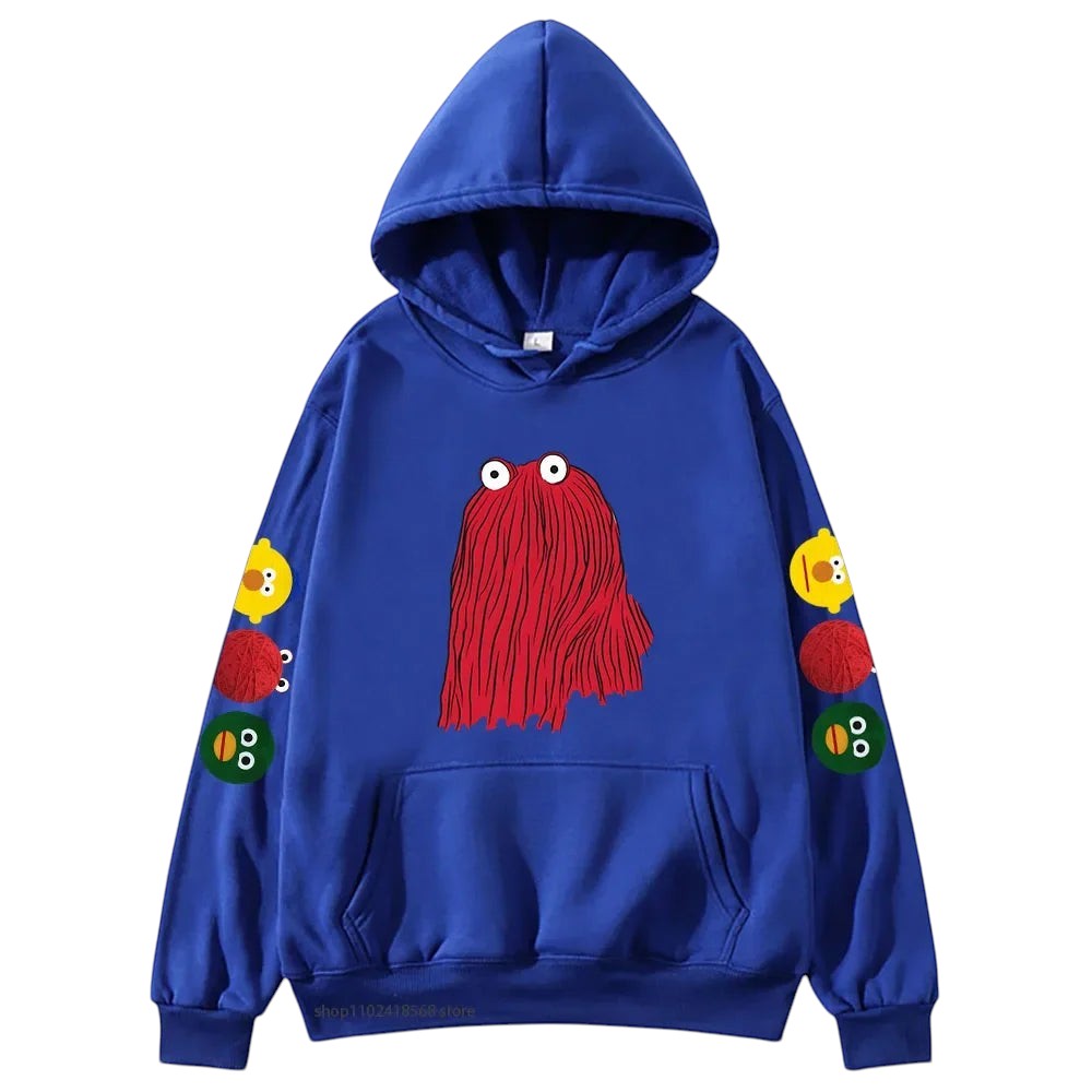 COMFORTHere blue graphic hoodie with a red shaggy character on the front and cartoon characters on the sleeves.