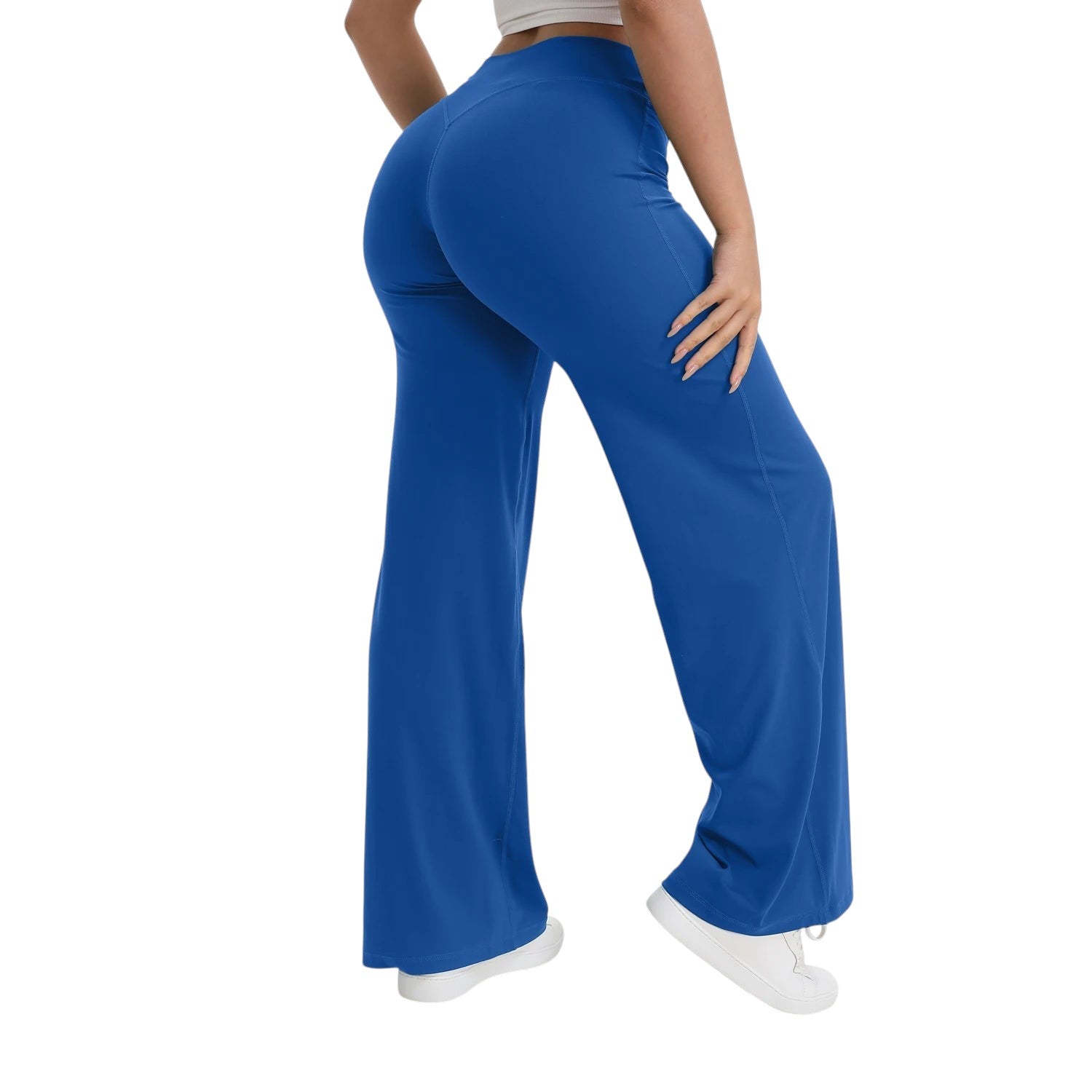 COMFORTHere blue straight leg yoga pants made of soft, naked-feel nylon fabric. Mid-waist design.